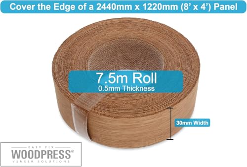 WordPress® 30 mm Mahagoni-Echtholzkantenband mit Schmelzkleber – 7,5 m Rolle – einfache DIY-Aufbügelanwendung, deckt die Kante von Standard-MDF-Platten ab