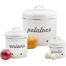 AuldHome Design Potatoes, Onions and Garlic Canister Set; Rustic White Enamelware Vegetable Storage Containers