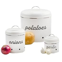 AuldHome Design Potatoes, Onions and Garlic Canister Set; Rustic White Enamelware Vegetable Storage Containers