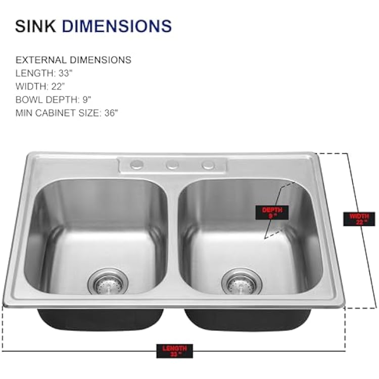 Kitsitchen 33x22-Inch Drop-in Stainless Steel 50/50 Double Bowl Kitchen Sink,Top Mount Double Bowl Sinks with Gold Kitchen Sink Drain Assembly 3-1/2 Inch