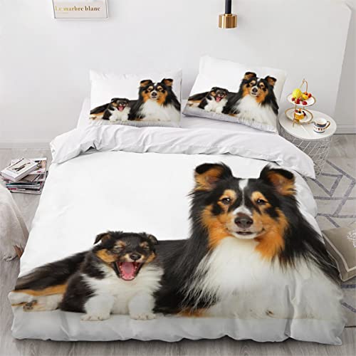 Housse de Couette 200x200 Chien de Berger Shetland Parures de Lit 2 Personnes 3 pièces 3D Motif Chien Animal Microfibre Housse de Couette avec Fermeture éclair et 2 Taies d'oreiller 50x75cm Cover
