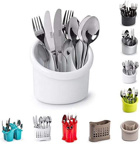 2 Compartments High Grade Plastic Sink Tidy Cutlery Drainer Caddy Holder, Utensil Drainer for Home and Kitchen Rustproof Store Washed Cutlery Utensils (White - Design 1)