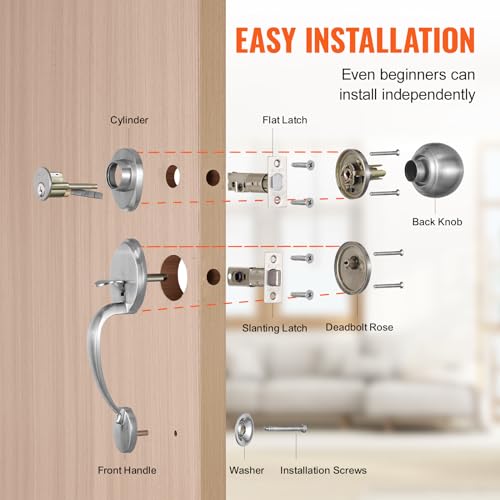 VEVOR Front Door Handle and Deadbolt Set, Satin Nickel Front Door Lock Set with Interior Knob, Adjustable Hole Spacing Single Cylinder Handleset, for Right and Left Handed Entrance and Front Door by VEVOR - Image 5