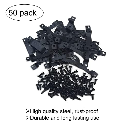 EesTeck 50 Pack Small Sawtooth Picture Hangers - Steel Picture Hanging Solutions with Screws, for Hanging Clock Paintings Artwork Frame Hooks (Black)