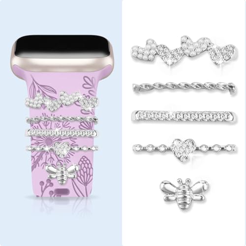 5 Pcs Sparkling diamond watch strap pendant, compatible with Apple Watch 11/10/9/8/7/6/5/4/3/SE 3/2/1 (46mm, 45mm, 44mm, 42mm, 41mm, 40mm, 38mm, 49mm) Women's Accessory (Bee Heart,Silver)