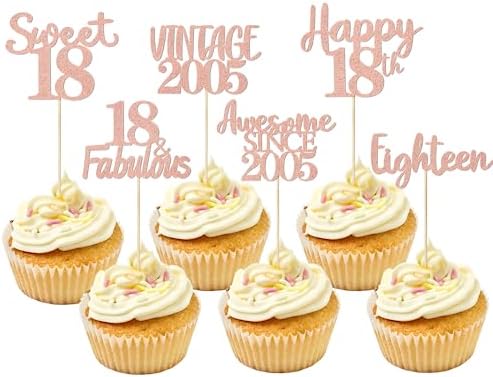 30 Pcs 18th Birthday Cupcake Toppers, Rose Gold Glitter 18 Fabulous Eighteen Cake Toppers Cupcake Picks for Happy 18th Birthday Party Decorations Supplies (Rose Gold)
