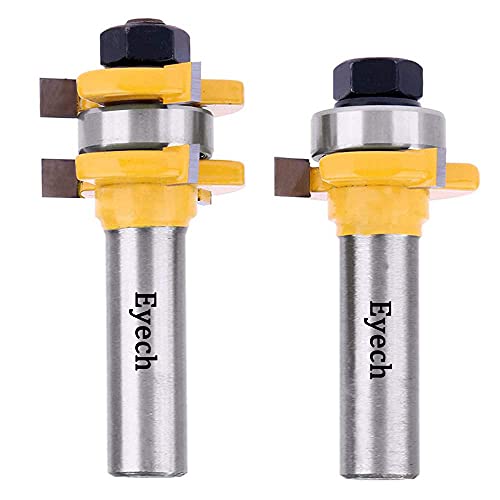 Eyech 1/2 Inch Shank Tongue and Groove Router Bit, Set of 2 Grooving Router Bit 3 Teeth T Shape 1-3/8 Inch Diameter Wood Milling Cutter Door Flooring Woodworking Tools with 3/4 Inch Stock