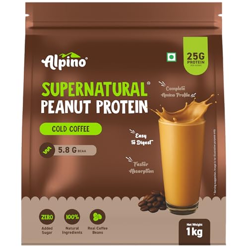 Image of Alpino Supernatural Peanut Protein Powder Cold Coffee 1kg - 25g Plant Based Protein, 5.8g BCAAs, Real Coffee Beans, Vegan