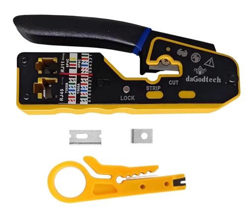 RJ45 Ethernet Network Tool Kit, Pass Through Cat6 Crimping Tool for RJ11 RJ12 Cat5e Cat7 Cat8, Ethernet Cable Wire Tester Stripper Crimper Tool set,Yellow (Crimper with Blade)