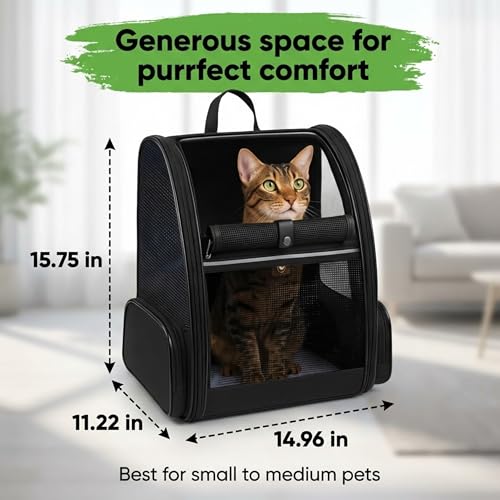Image of MAK7 Cat Carrier Backpack | Breathable Mesh Design, Lightweight Travel Bag for Small Pets | Wide Strap, Foldable | Cat Bag Dog Carrying Bag | ThickHard Base |Pure Black|