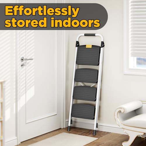 Urackify Trittleiter 4 Stufen Leiter Klappbar, Hochbelastbar bis 150kg, Sicherheitsschloss, rutschfeste breite Pedale, Handlauf, Kompakte Haushaltsleiter Stufenleiter für Haushalt, Küche, Büro, Weiß