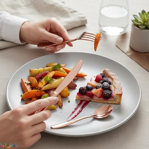 Image of Mirror Polished Rose Gold 4 Pcs Stainless Steel Cutlery Set for Dining Table, Dishwasher Safe Glossy Flatware (1 Spoon Set + 1 Forks Set + 1 Butter Knife + 1 Dessert Spoon)