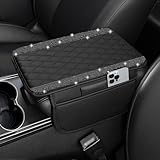 NBTEPEM Bling Car Center Console Cover, Leather Car Arm Rest Cover Cushion with 2 Storage Bags, Universal Automotive Armrest Protector Storage Box, Bling Accessories Interior for Most Vehicles (Black)