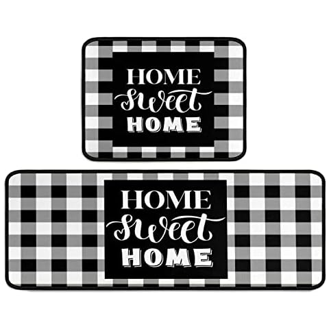 2 Pieces Buffalo Plaid Kitchen Rugs Set Farmhouse Decor Kitchen Mat Black and White Rug, Water Absorb Microfiber Washable Runner Rugs Decoration Checkered Mats,17"x 47"+17" x 23"( Sweet Home) Cover