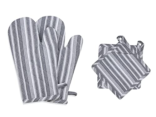 Oven Mitts And Pot Holders | 4 Pcs Grey Stripes |Heat Resistant Kitchen Microwave Glove For Baking Cooking Grilling, Good Fit Bbq, Soft Cotton Filling Non-Slip Surface, Hot Pads Mats Coasters #TOP4