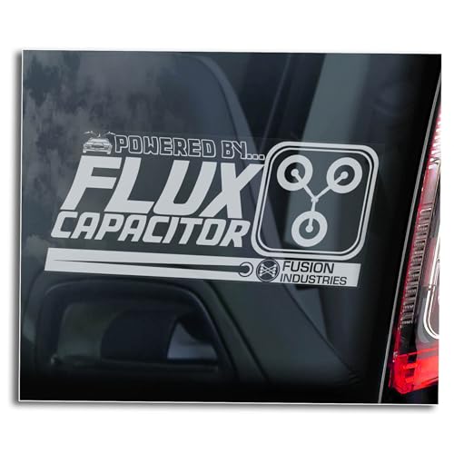 'Powered by FLUX CAPACITOR' Car Sticker, Window Decal Bumper Film Fan Gift Sign Back to Future DMC Delorean -V2BW (Inside - White Reverse Print)
