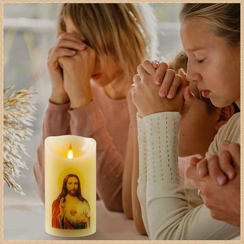 LED Prayer Flameless Candles with Remote Timer, Battery Powered Candle, Religious Candle 6" x 3.2" （Jesus Red ） - Thumbnail 4