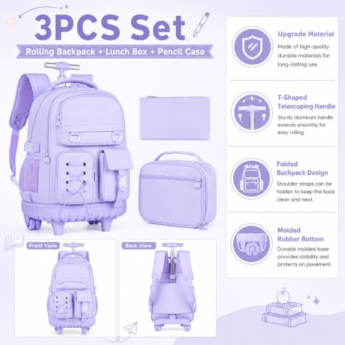 KLFVB Girls Rolling Backpack, 3PCS Wheeled Bookbag with Lunch Bag for Kids, Roller School Bag for Teen - Purple Ribbon Bow by KLFVB - Used condition - Image 7