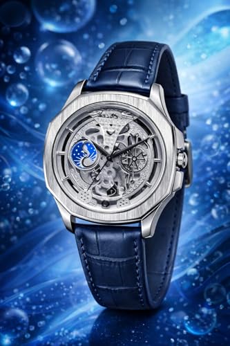 Image of judge Skeleton Quartz Watch with Moon Phase Display, Blue Leather Strap, Silver Stainless Steel Case, Luxury Analogue Watch for Men