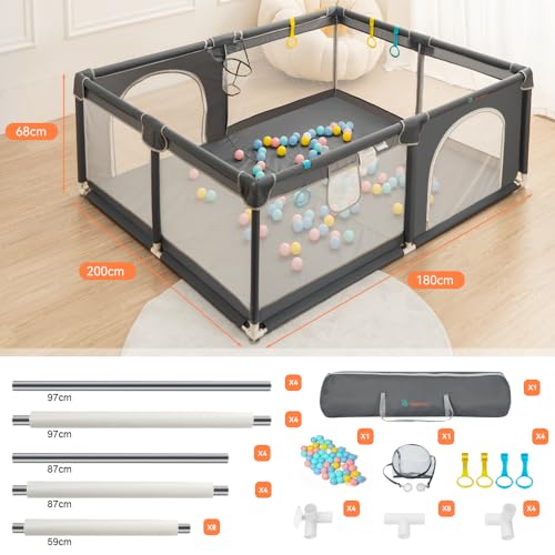 COMOMY Laufstall Baby, 180x200x66cm Laufgitter Baby Große xxl Sicherheitsspielplatz Schutzgitter für Kinder mit Weichem Netz, Rutschfestem Oxford Bottom, Bällen, Mini-Körbchen und 4 Zugringen