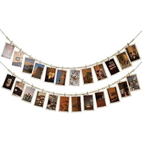 JiTiMi Hanging Photo Display With 12 Clips, Wooden Bead Garland 2PCS, Boho Style Collage Photo Frame Decoration for Dorms, Classrooms, Bedrooms Cover