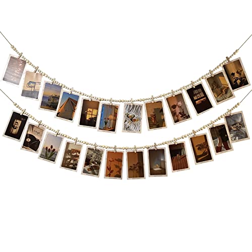 JiTiMi Hanging Photo Display With 12 Clips, Wooden Bead Garland 2PCS, Boho Style Collage Photo Frame Decoration for Dorms, Classrooms, Bedrooms