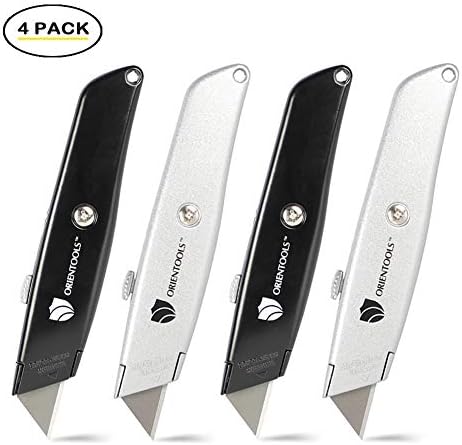 ORIENTOOLS Heavy Duty Utility Knife, Retractable Box Cutter with 3-Position Blade Lock, Sharp and Ergonomic Razor Knife with SK5 Blade, Zinc Alloy Body in Black & Silver (4-Pack)