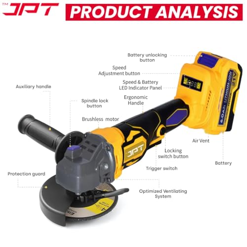 Image of JPT 21V Heavy-Duty Cordless Angle Grinder Machine | Brushless Motor | 3-Speed Modes (5000-9000 RPM | 100mm Disc | Spindle & Speed Lock | 6000mAh Battery