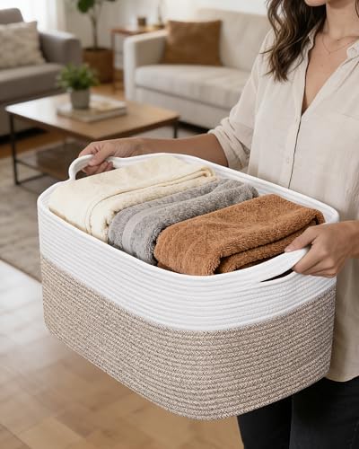 JOJOSEE Large Storage Basket, Blanket Basket for Clothes Bedding, Woven Storage Baskets, Toy Storage for Kids, Rope Basket for Living Room, Nursery, Bedroom 55x38x30 cm (White&Brown, 2 Pack) - Image 2