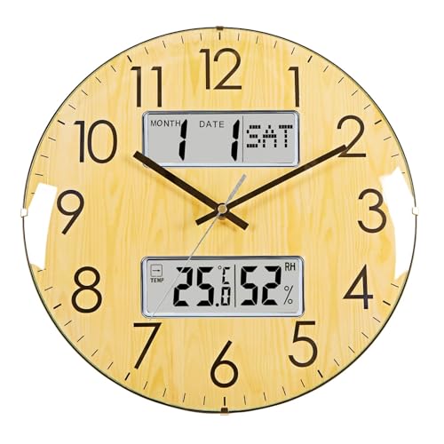 Modern Analog 13inch Curved Glass Wall Clock LCD Temperature Humidity Display, Calendar Display Silent Movement Natural S-7789