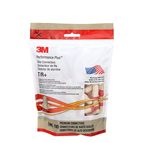 3M Performance Plus Wire Connector, Flexible Steel Spring Connectors, 22-8 Awg, Tan And Red Color (T/R+), Bag Of 100 #TOP2
