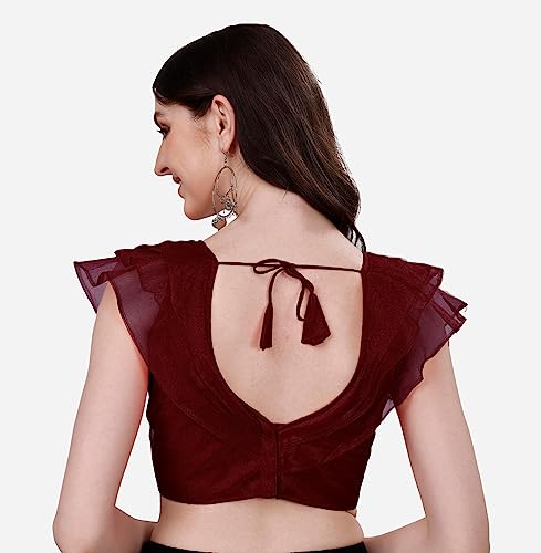 Image of Pujia Mills Women's V Neck Orgenza Three Layer Ruffle Sleeve Frill Readymade Saree Blouse