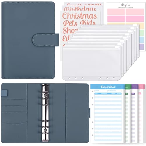 SKYDUE A6 Budget Binder, Money Organizer for Cash with 8pcs Zipper Envelopes,12pcs Expense Budget Sheets & 24 Rose Gold Sticky Labels, Money Saving Binder for Budgeting