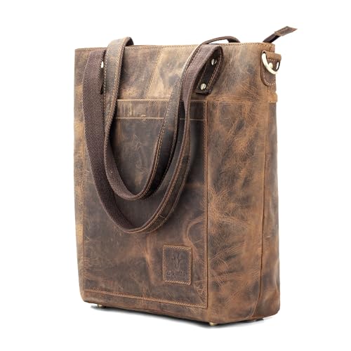 Image of Goatter Genuine Leather Large Tote Bag for Women - Spacious Brown Shoulder Handbag for Office, College, or Travel Use