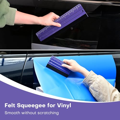 Image of NEWISHTOOL 2 PCS Felt Squeegee for Vinyl Wrapping and Measuring with Different Length, Purple Ruler Scraper Carbon Fiber Car Wrap Application Window Tint PPF Installation Wallpaper Smoothing Tools