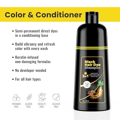 Image of KINGMING Black Hair Dye Shampoo 3 in 1 for Gray Hair, Hair Color Shampoo for Women Men Grey Hair Coverage, Herbal Ingredients Champu Con Tinte Para Canas 500ml (Black). | Hair color shampoo for women and men, at-home gray and white hair coverage, black color