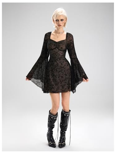 Image of WDIRARA Women's Floral Jacquard Mesh Gothic Dress Bell Long Sleeve A Line Vintage Dresses