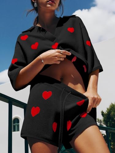 Image of Tankaneo Womens Sweater Set 2 Piece Outfits Oversized 3 /4 Sleeve V Neck Knit Tops High Waisted Shorts Lounge Sets