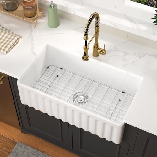 Ghomeg Farmhouse Sink 33x18 Inch White Kitchen Sink Apron Front Ledge Farm Fireclay Porcelain Reversible Ceramic Farmer Farm Sinks Basin