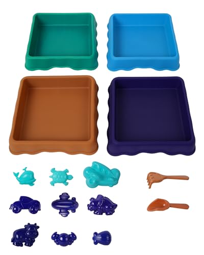 Kids Sensory Play Tray Set 4 Pack Messy Sand & Water Play Set with Sand Moulds and Play Tools Plastic Play Set for Indoor & Outdoor Activities Creative Gift for Boys & Girls Ages 3+