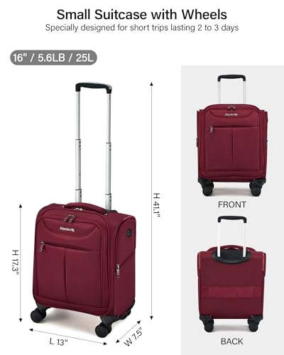 Image of Hanke 45CM Small Soft Shell Cabin Trolley Bags, 8 Silent Spinner Wheels,Charging Port, 8 Storage Compartments, Lightweight Compact Carry-On Luggage for Short Trips & Overnight Use,Burgundy
