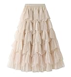 NJNJGO Women's Elastic Waist Multi-Layered Sheer Tutu Skirt Tiered Tulle Mesh Skirt, Apricot, One Size