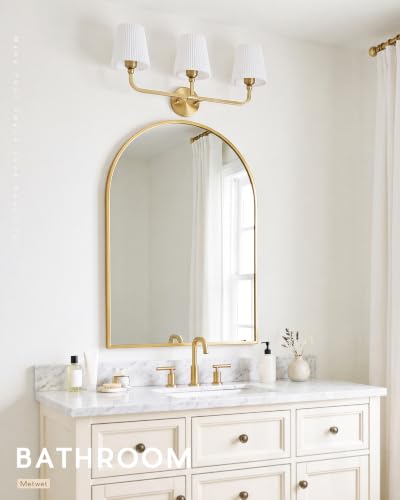 Image of 3-Light Brushed Gold Bathroom Vanity Light, Pleated Fabric Shade