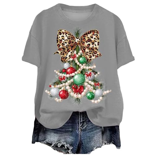 Image of Christmas T Shirt for Womens Funny Festive Printed Blouse Loose Fit Comfortable Xmas Pullover Ladies Short Sleeve Tshirts Christmas Crew Neck Casual Sweatshirts Basic Xmas Printed Tee (zB-Grey, XXXL)