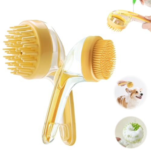 Image of Pet Bath Brush with Shampoo Dispenser, Dog Bath Brush and Grooming Massage Brush for Dogs & Cats, Easy Dog Washing Brush for Short and Long Hair, Coarse and Fine Teeth 2pcs (Yellow)