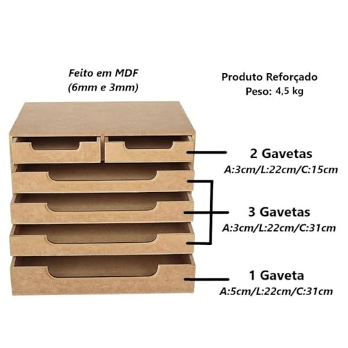 Organizador de Mesa Folhas Sulfite A4 com 6 Gavetas MDF Gaveteiro Escritorio Suporte Para Monitor