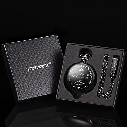 Image of TREEWETO Mens Womens Quartz Personalized Pocket Watch Engraved Engraving Customized with Chain Gift Box Wedding Gift for Groomsman Bestman Husband Dad Love