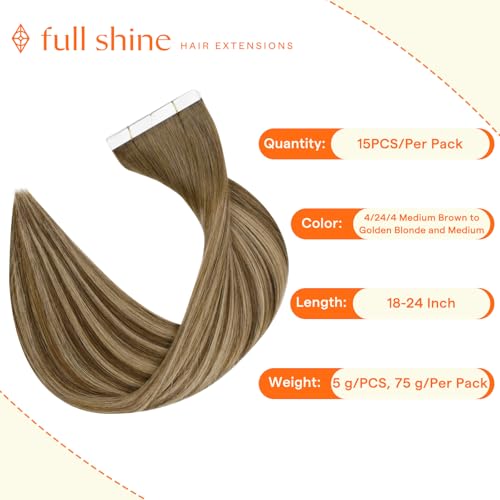 Image of Full Shine Wide Tape in Hair Extensions, Medium Brown Honey Blonde 22 Inch | 75g 15 PCS, Invisible Hair Extensions Tape In, Wide Strip Structure, Enhanced Fullness, Natural Flow, Styling Options