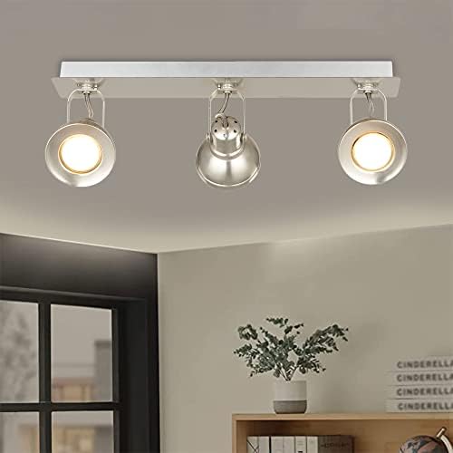 KARMIQI Ceiling Spotlights Brushed Nickel LED Spotlight Rotatable 3 Ceiling Spotlight with 3 x 4W GU10 Bulbs Indoor Ceiling Spots for Kitchen Living Room Bedroom Corridor