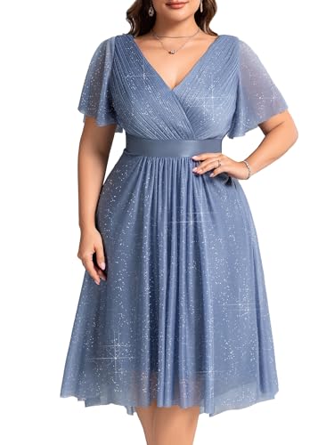 Image of Ever-Pretty Plus Women's Cocktail Party Dress V Neck A Line Glitter Plus Size Formal Wedding Guest Dresses for Curvy Women